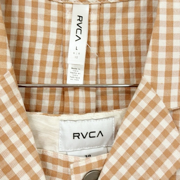 RVCA New Gingham Set Shirt & Pants Mustard/Tan color NWT Size 30 Pants Top Large - Picture 4 of 10